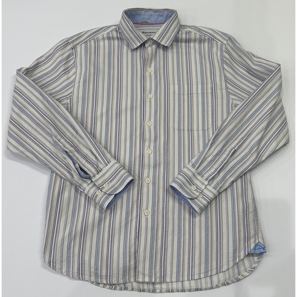 Tommy Bahama Mens Small Striped Long Sleeve Button Down Shirt White Blue